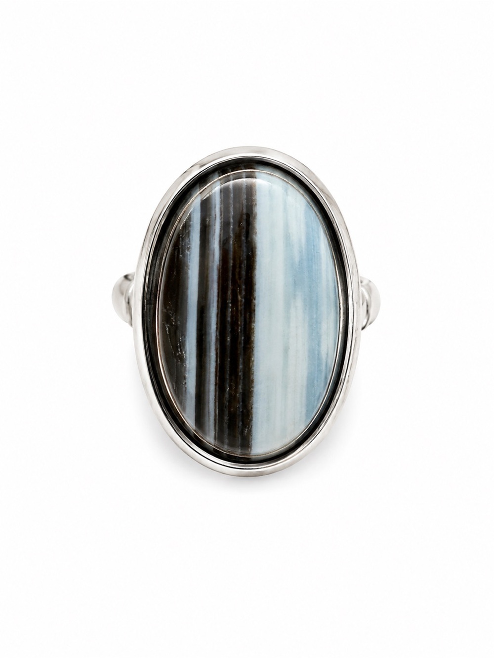 Size 9 Oval Striped Agate Sterling Ring in Blue and Black